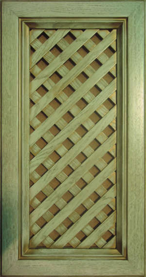 Фасад мебельный. Дуб белёный  в золотой патине,  Фасад витрина  с решёткой